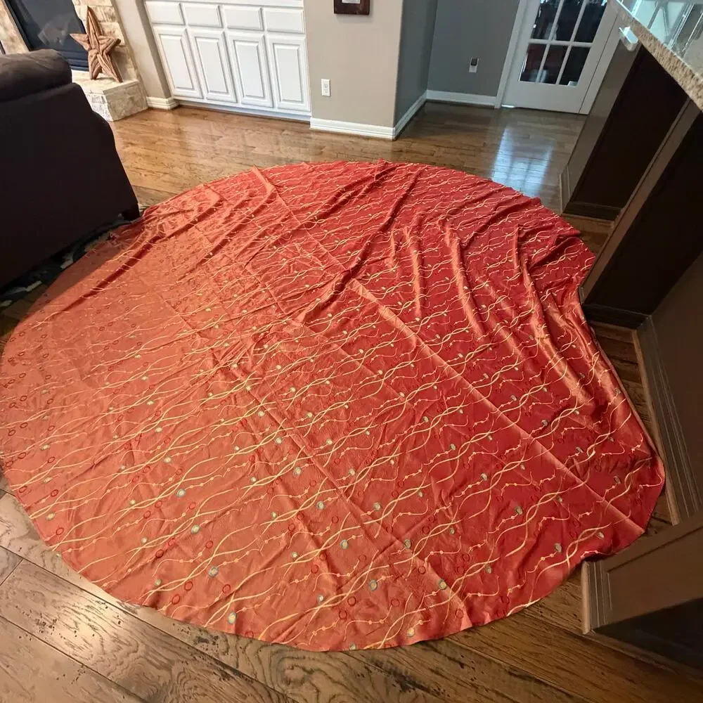 Large Round Taffeta? Tablecloth 'Orange Edgewater' Embroidered Whimsical Fabric